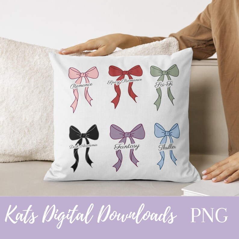 Coquette bow book genre stickers featuring Romance, Spicy Romance, Sci-Fi, Dark Academia, Fantasy, and Thriller designs in soft aesthetic colors for planners, reading journals, and BookTok inspired decor.