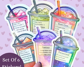 Juego de 6 pegatinas para bebidas con temática de libros / Pegatinas holográficas para amantes de los libros / Pegatinas para amantes de la lectura / Paquete de pegatinas impermeables hechas a mano