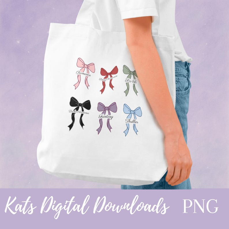 Coquette bow book genre stickers featuring Romance, Spicy Romance, Sci-Fi, Dark Academia, Fantasy, and Thriller designs in soft aesthetic colors for planners, reading journals, and BookTok inspired decor.