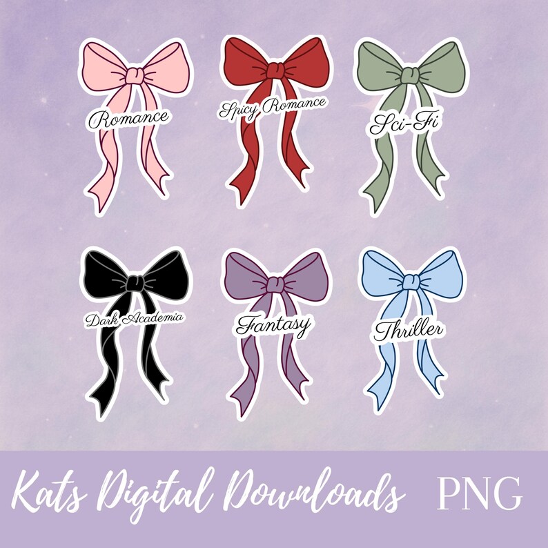 Coquette bow book genre stickers featuring Romance, Spicy Romance, Sci-Fi, Dark Academia, Fantasy, and Thriller designs in soft aesthetic colors for planners, reading journals, and BookTok inspired decor.