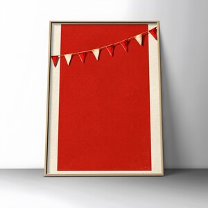 May include: A rectangular framed wall art piece featuring a large, solid red vertical panel centred on a cream-coloured background. A string of small, alternating red and white triangular pennant flags hangs diagonally across the upper section.
