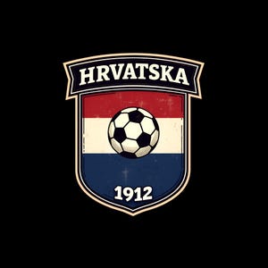 May include: A vintage-style emblem featuring the word "HRVATSKA" above a shield with the Croatian flag colors: red, white, and blue. A soccer ball is centered on the shield, with the year "1912" below.