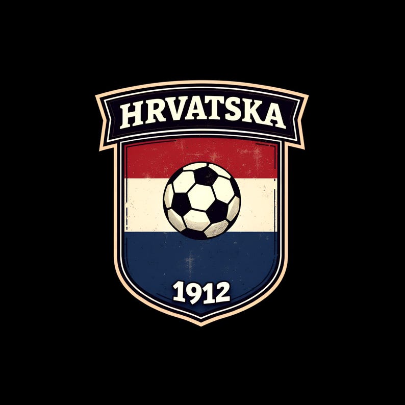 May include: A vintage-style emblem featuring the word "HRVATSKA" above a shield with the Croatian flag colors: red, white, and blue. A soccer ball is centered on the shield, with the year "1912" below.