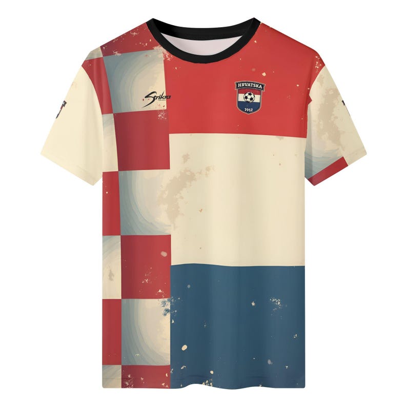 May include: A short-sleeved t-shirt with a vintage design. The shirt features a color block design with red, white, and blue sections, and a checkered pattern on the left side. The Croatian coat of arms is on the upper right. The shirt has the text "Spika" on the left side.