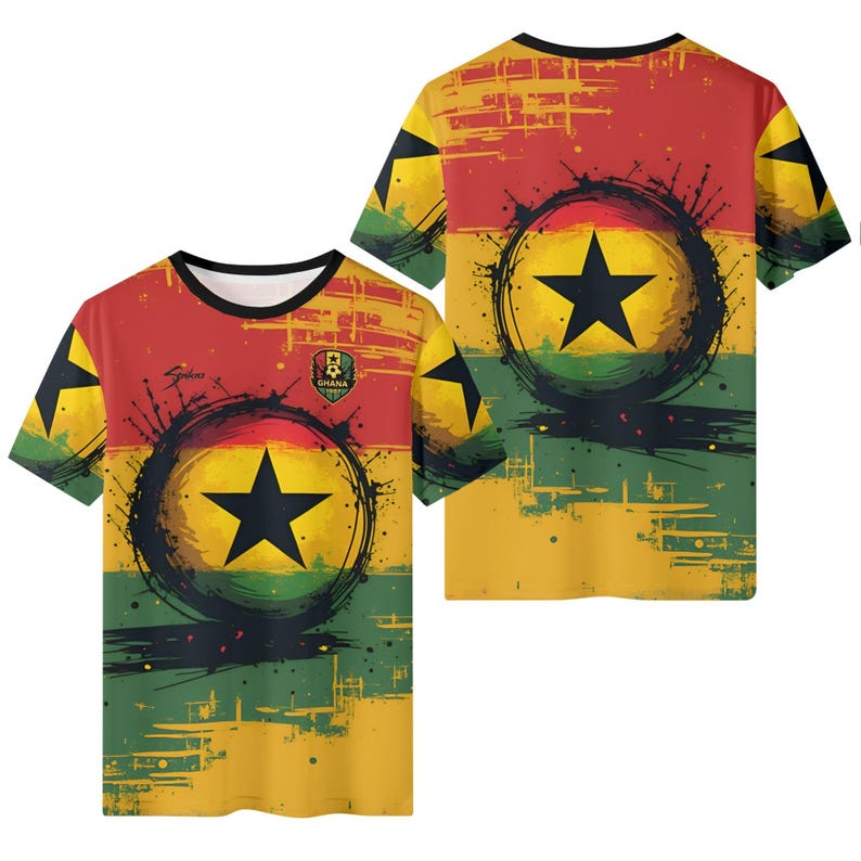May include: A short-sleeved t-shirt featuring the Ghana flag design. The shirt has a black star on a yellow circle, set against a red, yellow, and green background. The Ghana emblem is on the front.