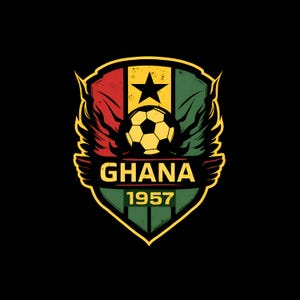 May include: A shield-shaped emblem with the colors of the Ghana flag: red, yellow, and green. A soccer ball sits in the center, above the word "GHANA" and the year "1957". Wings are on either side of the soccer ball.