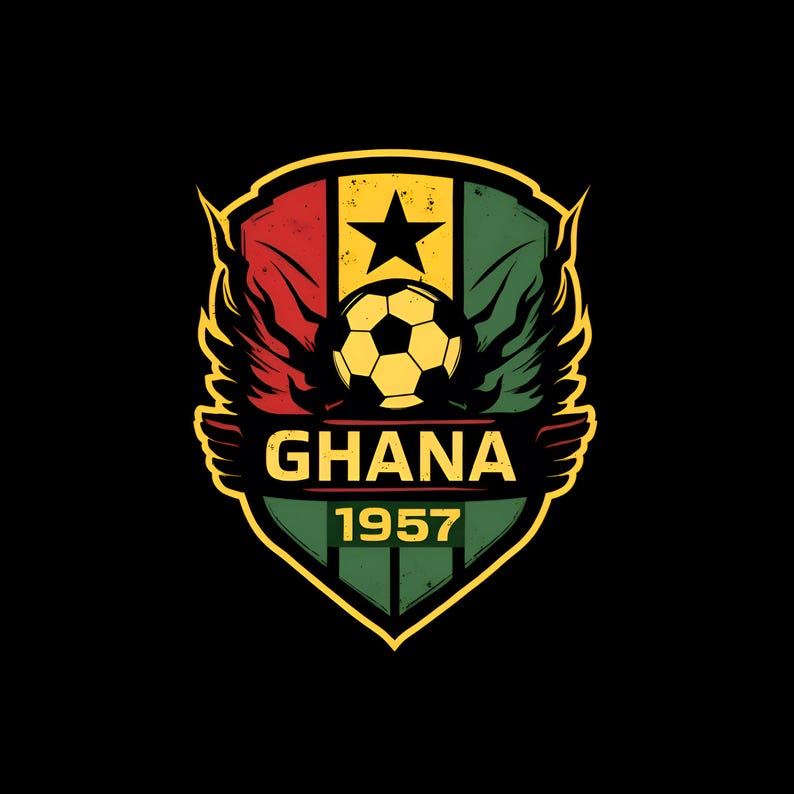 May include: A shield-shaped emblem with the colors of the Ghana flag: red, yellow, and green. A soccer ball sits in the center, above the word "GHANA" and the year "1957". Wings are on either side of the soccer ball.