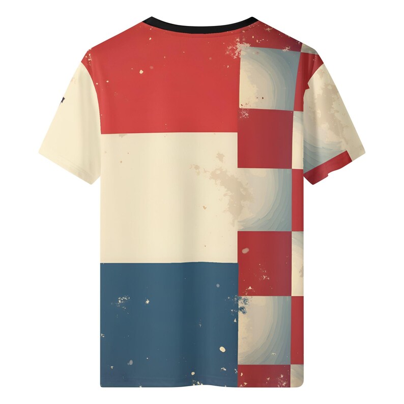 May include: A short-sleeved t-shirt with a geometric design in red, white, and blue. The shirt has a black collar and a distressed, vintage look. The design is a mix of rectangles and squares.