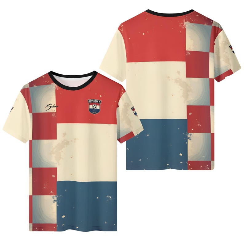 May include: Two short-sleeved t-shirts with a Croatian flag design. The shirts feature a red and white checkered pattern, a white stripe, and a blue stripe. The shirts have a distressed, vintage look with the text "Hrvatska 1912".