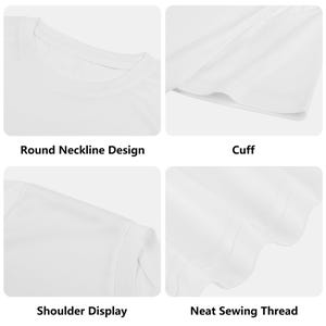 K&ouml;nnte beinhalten: Nahaufnahmen eines wei&szlig;en T-Shirts, die Designdetails zeigen. Die Bilder zeigen den runden Halsausschnitt, die Manschette, die Schulter und die sauberen N&auml;hte. Der Text im Bild lautet: "Round Neckline Design", "Cuff", "Shoulder Display" und "Neat Sewing Thread".