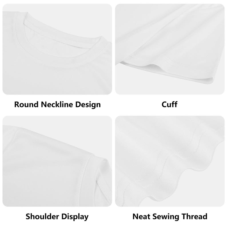 K&ouml;nnte beinhalten: Nahaufnahmen eines wei&szlig;en T-Shirts, die Designdetails zeigen. Die Bilder zeigen den runden Halsausschnitt, die Manschette, die Schulter und die sauberen N&auml;hte. Der Text im Bild lautet: "Round Neckline Design", "Cuff", "Shoulder Display" und "Neat Sewing Thread".