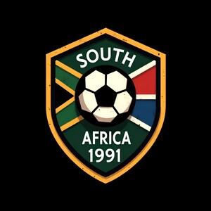 K&ouml;nnte beinhalten: Ein schildf&ouml;rmiges Emblem mit den Farben der s&uuml;dafrikanischen Flagge und einem Fu&szlig;ball. Die Worte "SOUTH AFRICA 1991" sind in Wei&szlig;. Das Emblem hat einen goldenen Rand und befindet sich auf schwarzem Hintergrund.