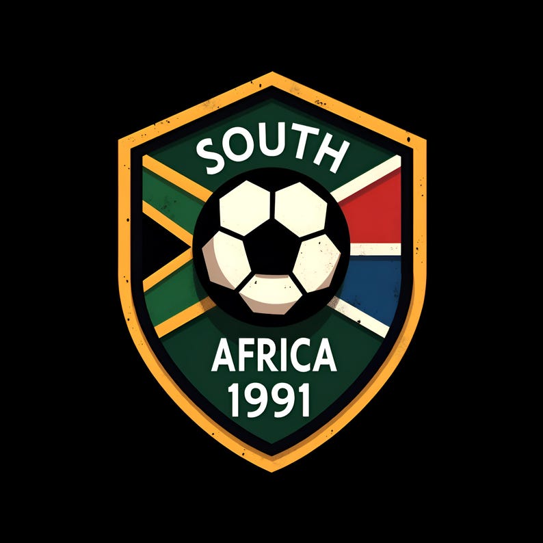 K&ouml;nnte beinhalten: Ein schildf&ouml;rmiges Emblem mit den Farben der s&uuml;dafrikanischen Flagge und einem Fu&szlig;ball. Die Worte "SOUTH AFRICA 1991" sind in Wei&szlig;. Das Emblem hat einen goldenen Rand und befindet sich auf schwarzem Hintergrund.