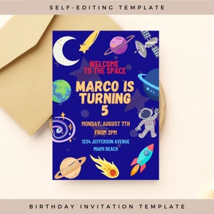 Birthday invitation template, space, printable, digital download, astronaut, PDF, JPG, PNG, canva template, solar system invitation