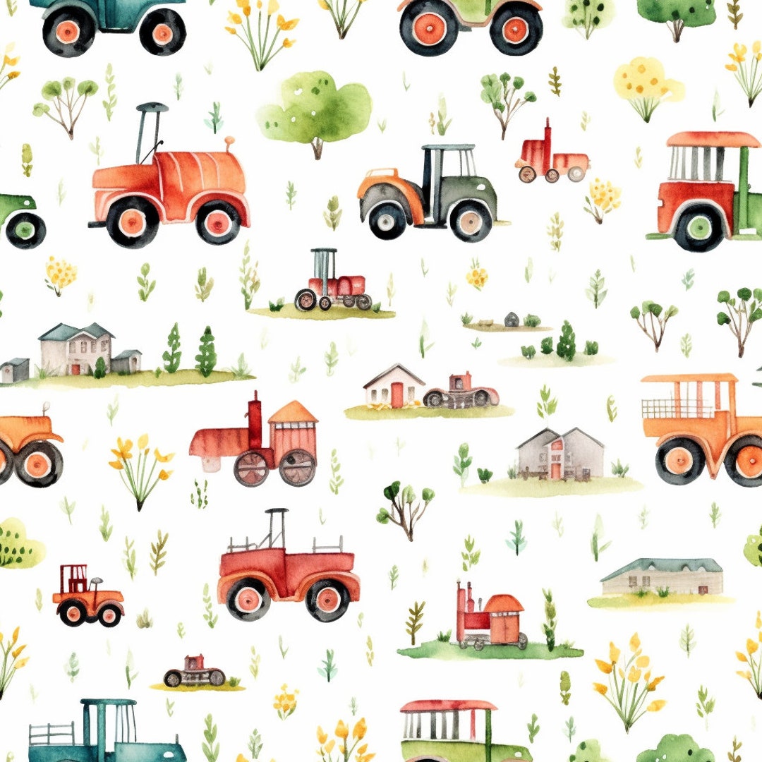 Fun Antique Tractor Seamless Pattern, Farm Fabric Design, Tractor ...