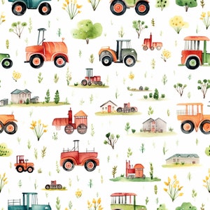 Könnte beinhalten: Eine Aquarell-Illustration eines nahtlosen Musters mit verschiedenen landwirtschaftlichen Fahrzeugen, darunter Traktoren, Mähdrescher und LKW. Die Fahrzeuge sind in Rot-, Grün-, Orange- und Gelbtönen bemalt und vor einem weißen Hintergrund mit grünem Laub und gelben Blumen angeordnet.
