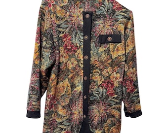 Leslie Belle Damen Tapisserie Floral Button Front Blazer Jacke Schwarz Gold Multi