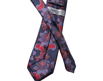 Zanetti Italy Silk Tie Navy Blue Red Lavender Floral Paisley Woven Jacquard Mens