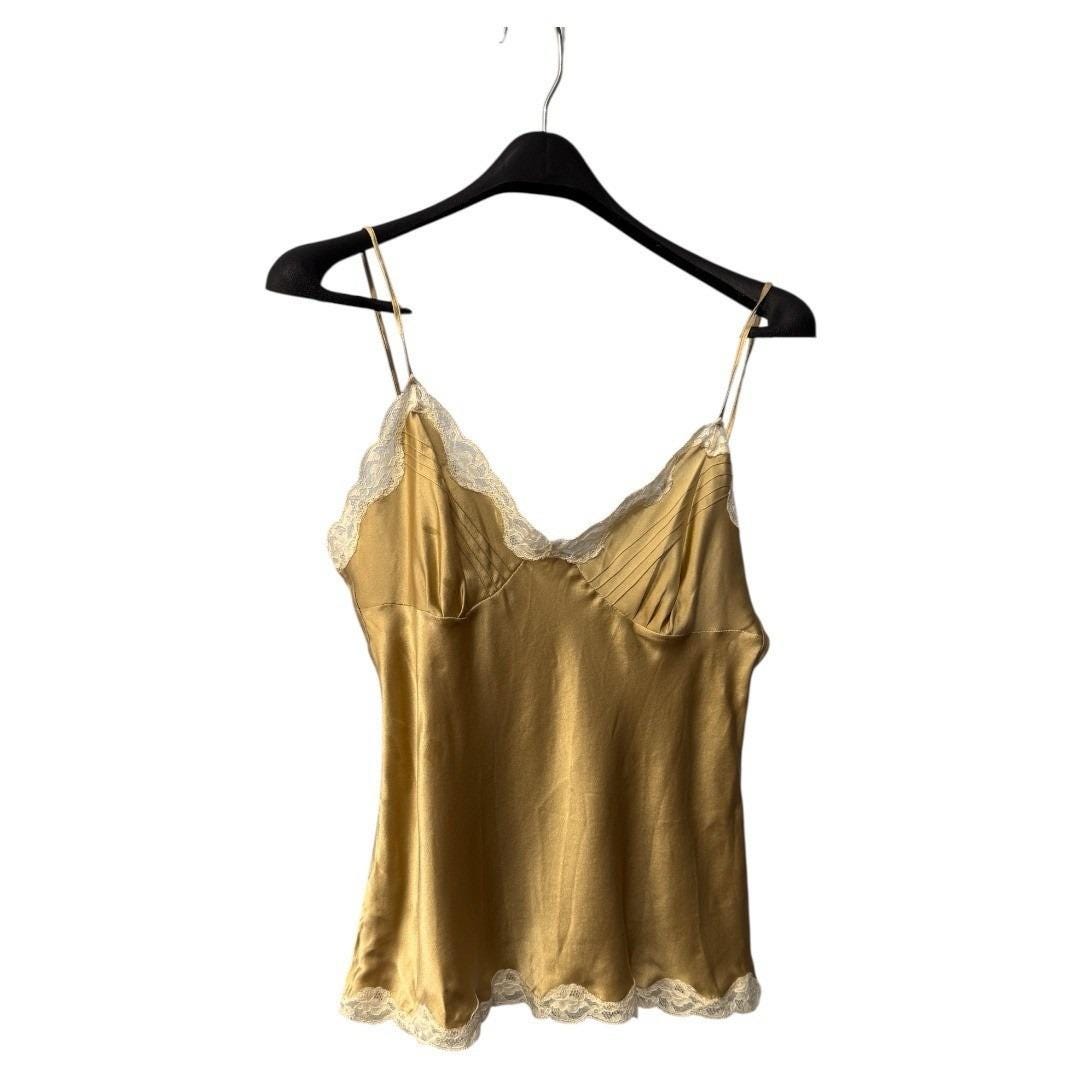 ノーブル/Sabrina Nadal CAMI SILK LADY Sabrina Nadal Silk Cami Top Gold Lace Trim Sleeveless Tank