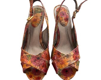 Audrey Brooke Floral Cork Print Slingback Peep Heels Orange Pink 3592276 Sz 8M