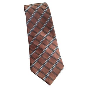 May include: A brown tie with a striped design. The tie has alternating stripes of brown, black, white, and blue. The tie is angled diagonally against a white background.