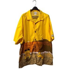 Walt Disney World Mens XXL Yellow Mickey Pluto Beach Sunset Button Up Shirt 1971