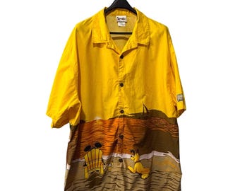 Camisa amarilla XXL para hombre de Walt Disney World con estampado de Mickey y Pluto en la playa al atardecer, 1971