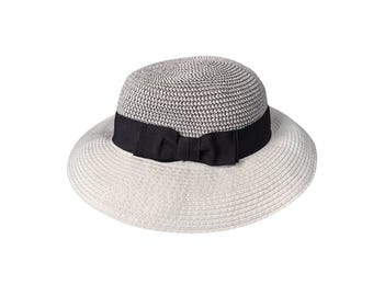 Parkhurst Womens Woven Paper Sun Hat White Black Bow Wide Brim Cloche One Size