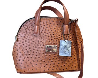 Valentina Italia Straußenprägung Leder Satchel Handtasche Neu mit Etikett Cognac Top Griff
