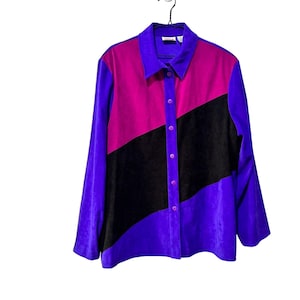 Camisa vintage Alia de manga larga con botones y bloques de color para mujer, talla 18, tacto terciopelo