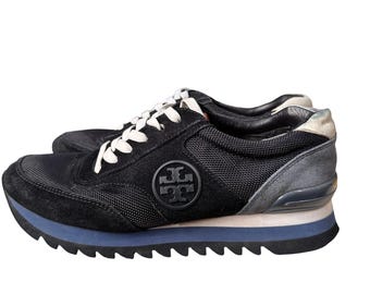 Tory Burch Black Suede Sawtooth Logo Platform Sneakers Womens Size 6M 6098 A19