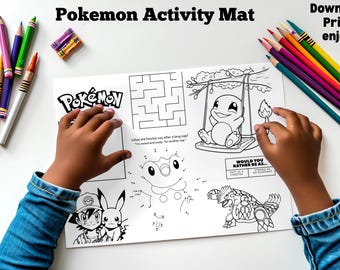 Pokemon Activity Mat - Printable Activity Placemat - Instant Digital Download - Coloring In, Games, Kids Christmas Activities, Party games