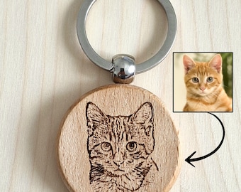 Porte-clés en bois personnalisé, cadeau personnalisé, gravure animaux de compagnie, chien, chat, portrait,