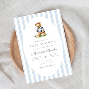 Modello di invito per baby shower con orsetto da golf vintage, download digitale, completamente modificabile, orsetto, invito classico per baby shower per bambini