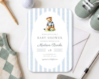 Vintage Golf Teddy Bear Baby Shower Invitation Template (Digital Download)