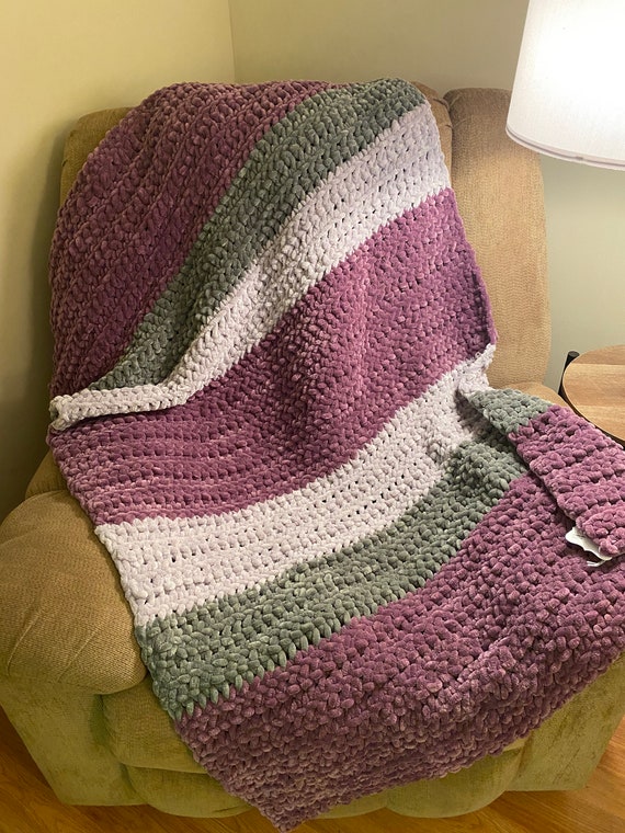 Grey and purple stripe crocheted blanket