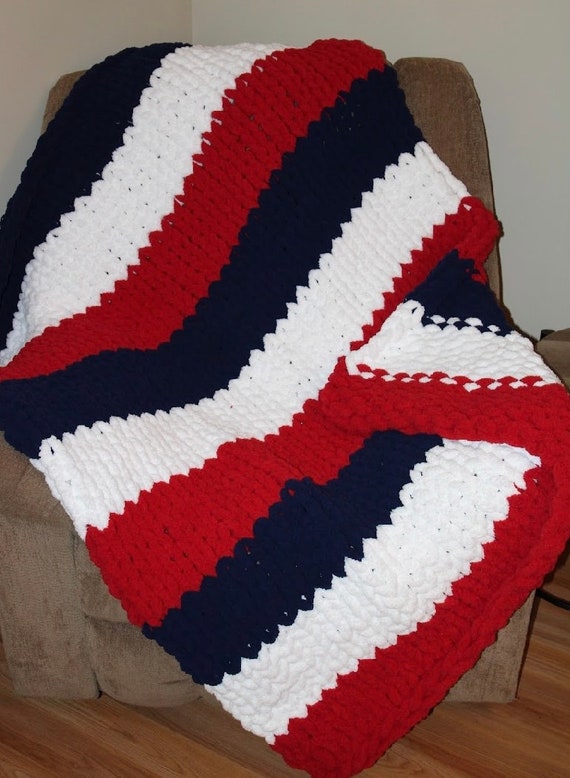 Red, white & blue striped chunky knit blanket