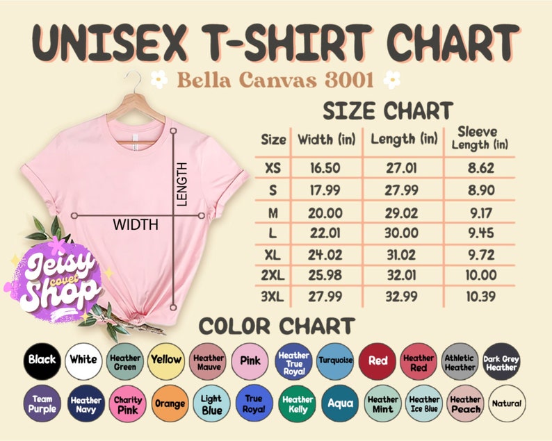May include: Unisex t-shirt size chart with measurements in inches for Bella Canvas 3001. The chart shows the width, length, and sleeve length for sizes XS to 3XL. A color chart shows various colors available for the t-shirt.