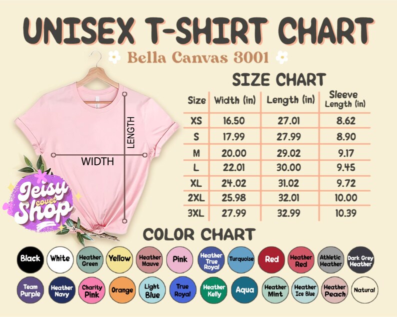May include: A pink t-shirt on a hanger, with a size and colour chart. The chart lists measurements in inches for sizes XS to 3XL. The colour chart shows various colours, including black, white, and red.