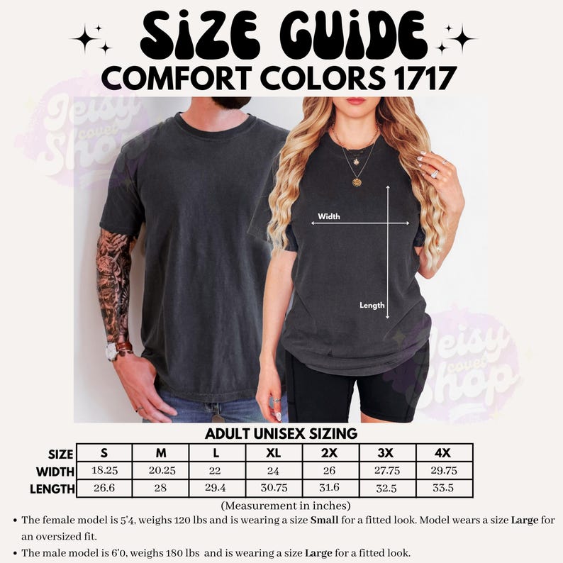 Pode incluir: Um guia de tamanhos para camisetas Comfort Colors 1717. A imagem mostra um homem e uma mulher vestindo as camisetas, com medidas em polegadas para tamanhos unissex adultos. Os tamanhos variam de S a 4X, com largura de 46,35 cm a 75,57 cm e comprimento de 67,56 cm a 85,09 cm.