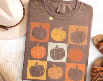 Retro Checker Pumpkin Shirt, Fall Pumpkin Comfort Colors® Shirt, Autumn Fall Shirt, Thanksgiving Shirt, Pumpkin Harvest Cozy Season Shirt