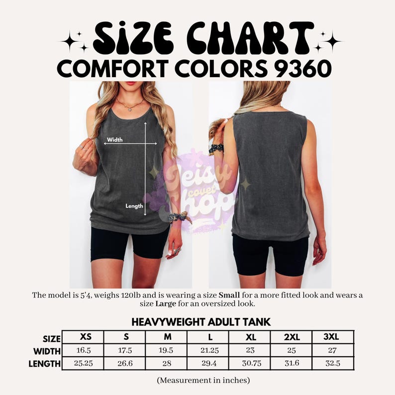 Puede incluir: Tabla de tallas para una camiseta sin mangas Comfort Colors 9360 para adultos. Las medidas est&aacute;n en pulgadas, tallas XS a 3XL. La modelo mide 1,63 m y pesa 54 kg, usando una talla Small para un look ajustado y Large para un look holgado.
