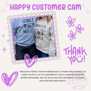 May include: Two people in matching sweatshirts, one grey, one beige, with the text "GOMEZ to her MORTICIA" and "MORTICIA to his GOMEZ" printed on them. The design includes a heart and skeleton hands. The image is framed with a decorative border.
