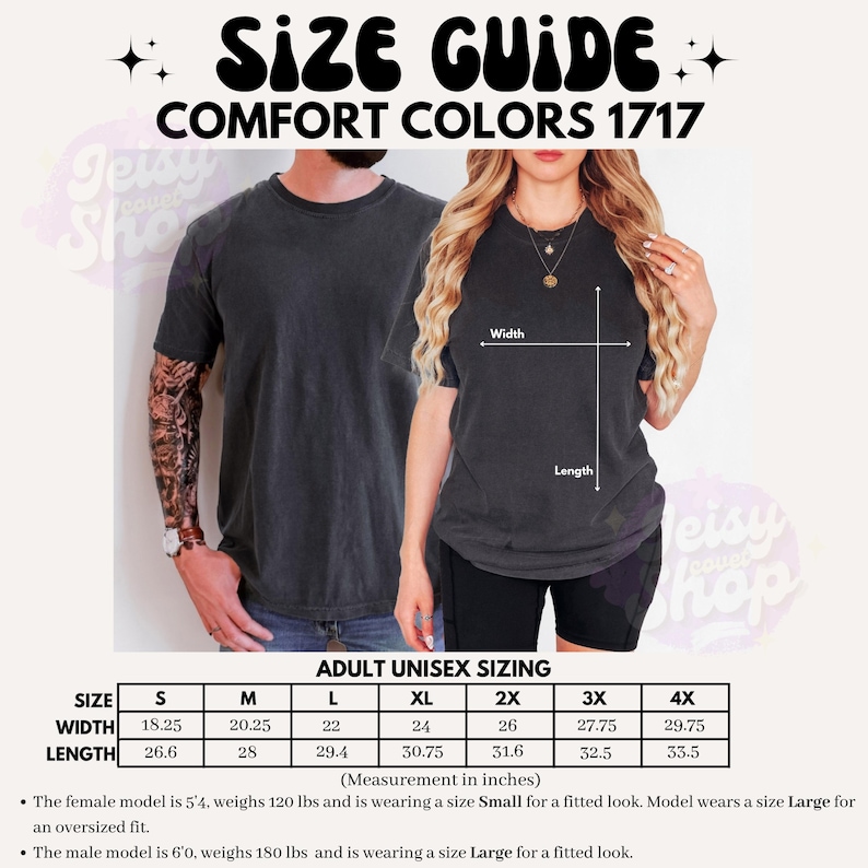 以下が含まれることがあります： Comfort Colors 1717 Tシャツのサイズガイド。Sから4Xまでの幅と丈のインチ表記サイズ表が記載されています。ダークグレーのTシャツを着用した2人の人物画像に、測定箇所を示す矢印が重ねられています。