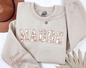 Madre Custom Sleeve Sweatshirt, Personalized Mother's Day Shirt, Latina Spanish Mom Gift, Toile Madre Mama Shirt, Dia de las Madres Tshirt,