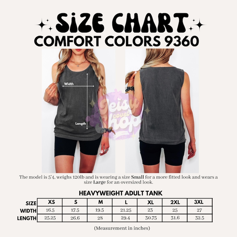 以下が含まれることがあります： Comfort Colors 9360ヘビーウェイト大人用タンクトップのサイズチャート。画像はダークグレーのタンクトップの前面と背面のビューで、幅と長さの測定線が表示されています。表にはXSから3XLまでのサイズがインチ単位で記載されています。