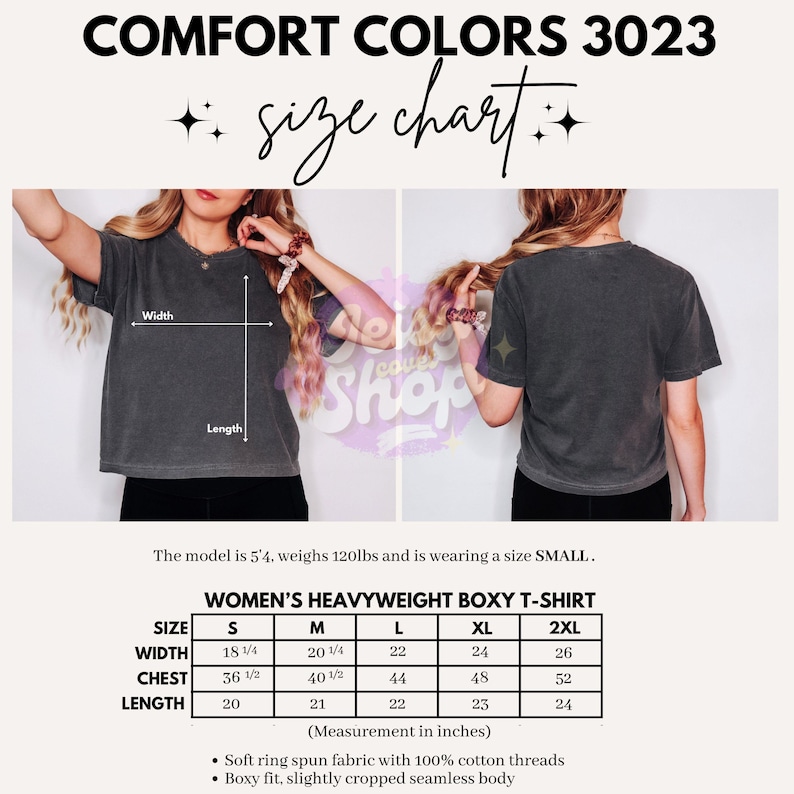 以下が含まれることがあります： チャコールグレーのボックス型Tシャツを前後から見た画像。Comfort Colors 3023のサイズチャートが含まれており、Sから2XLまでの幅、胸囲、着丈がインチ単位で記載され、生地の仕様についても説明されています。