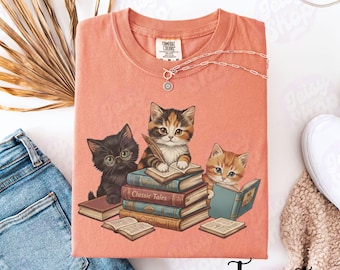 90’s Vintage Cat Book Lover Shirt, Retro Reading Cat Comfort Colors® Shirt, Cute Bookworm Gift, Funny Literary Cat Tee, Funny Bookish Tee