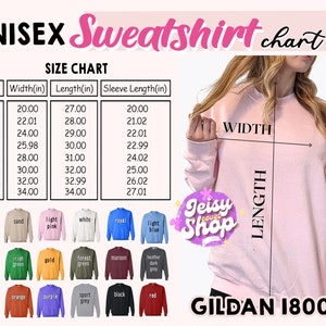 May include: A light pink Gildan 18000 unisex sweatshirt with a size chart and color options. The size chart shows measurements in inches for width, length, and sleeve length. Color options include sand, light pink, white, royal blue, and more.