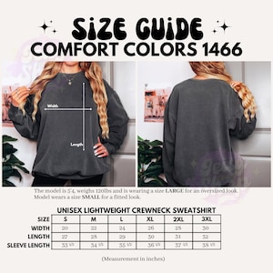 Puede incluir: Gu&iacute;a de tallas para una sudadera unisex de cuello redondo ligera. La gu&iacute;a incluye medidas de ancho, largo y largo de manga en pulgadas, que van desde la talla peque&ntilde;a hasta la 3XL. La imagen tambi&eacute;n muestra a una persona usando la sudadera.